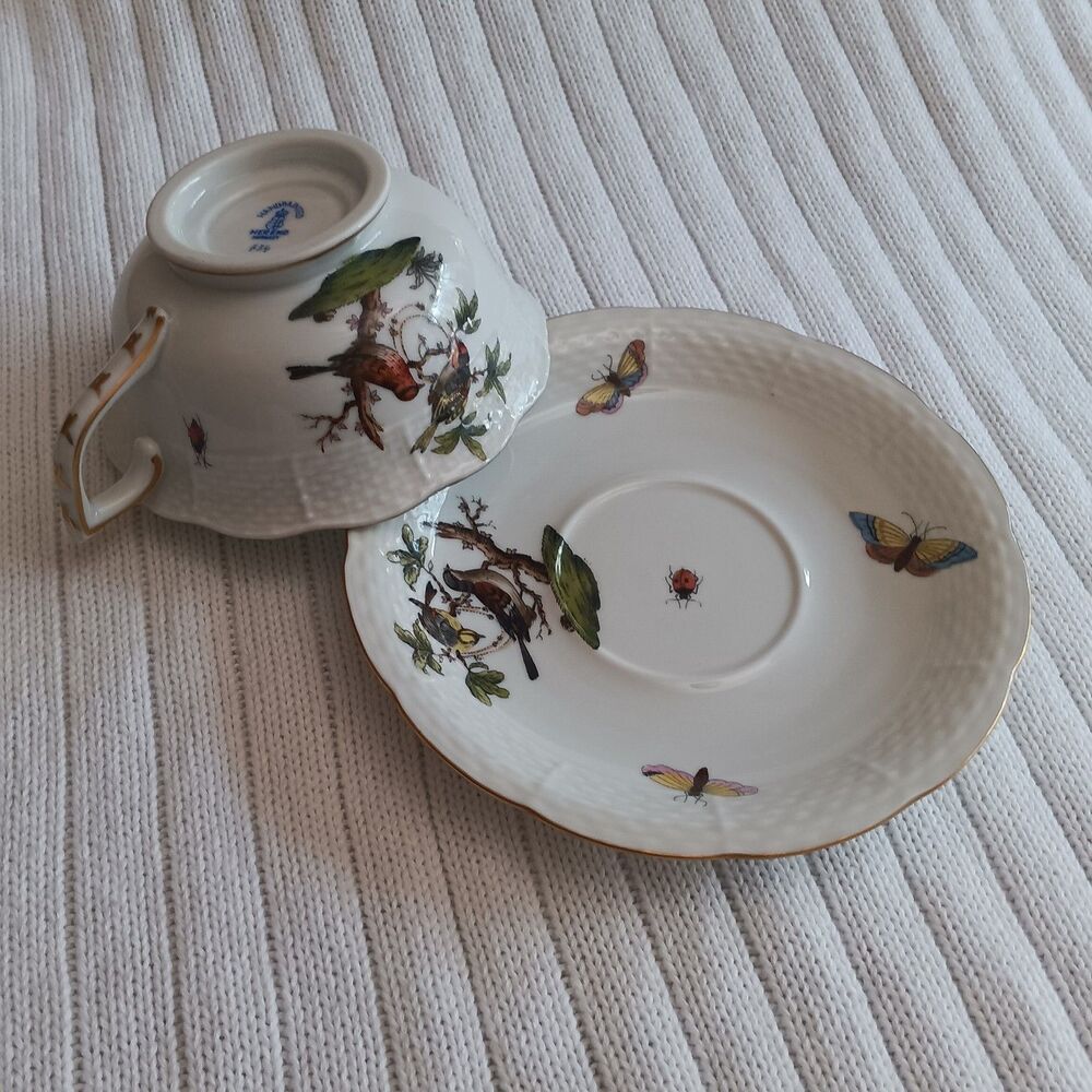 VTG 90 Herend Rothschild Bird  Porcelain Cup Saucer Hand Painted 24k Gold Trim